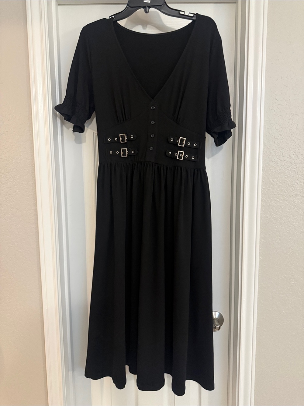 Classic Black V-Neck Midi Dress with Buckle Waist Detail
